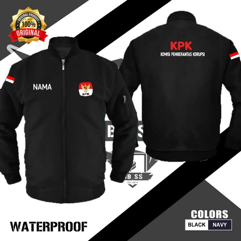 JAKET BOMBER HITAM LOGO KPK + NAMA FREE SIMPLE KEREN BAHAN TASLAND