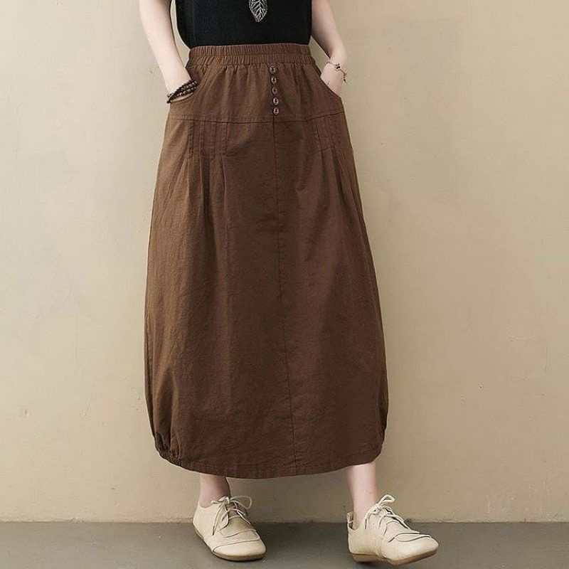 ROK BAHAN KATUN RAMI HITS OOTD - Rok Panjang - Rok Bahan Kekinian - Rok Bahan Linen-Rok Kekinian-Bawahan Wanita-Coklat