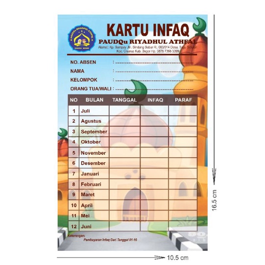 

KARTU SPP/BULANAN/IURAN/INFAK TK/PAUD CUSTOM NAMA, ALAMAT DAN LOGO
