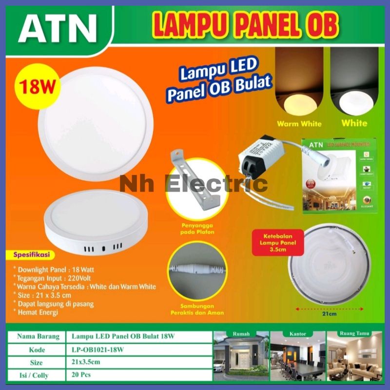 Led Panel 18W OB Bulat Putih Atn - Lampu Downlight 18 Watt Outbow Tempel Bulat White Tipis/Slim Atn SNI