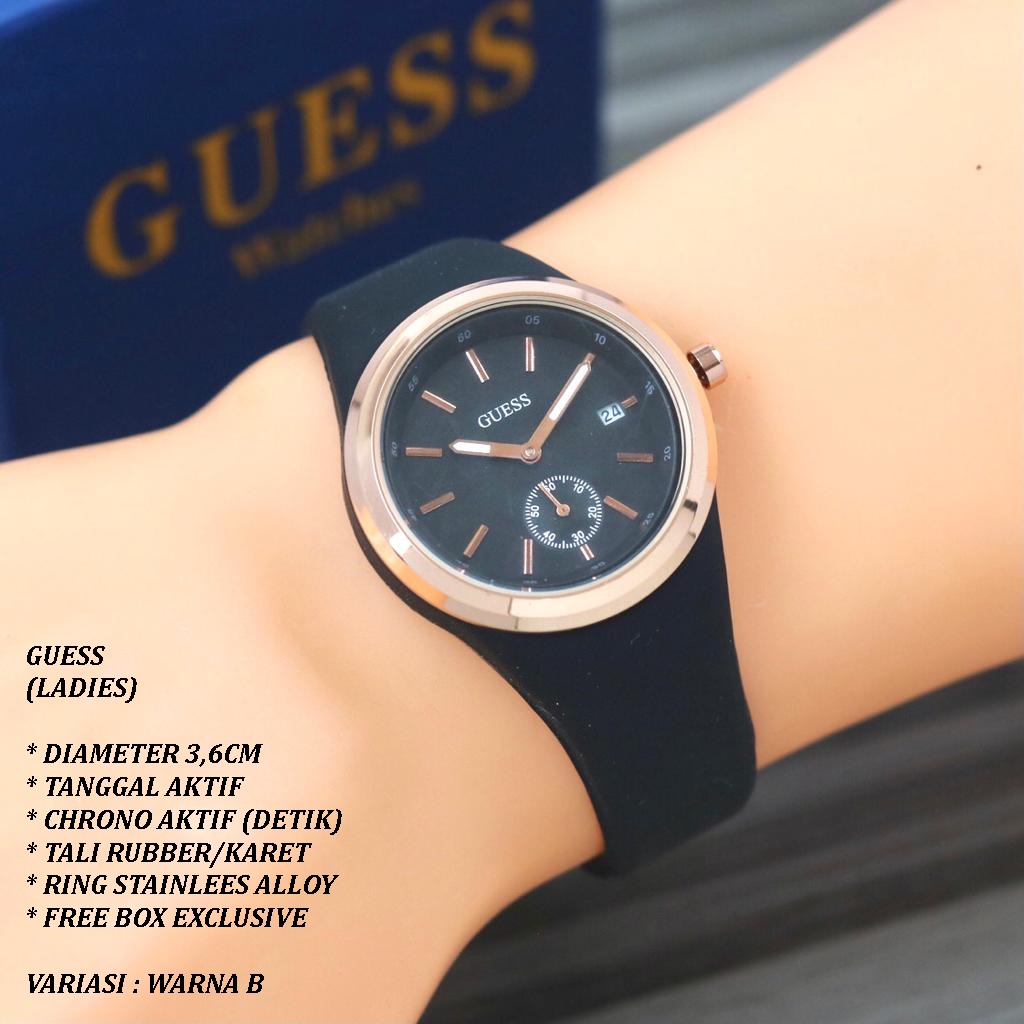 (FREE BOX) JAM TANGAN WANITA GUESS TALI RUBBER BODY BULAT TANGGAL &amp; CHRONO AKTIF