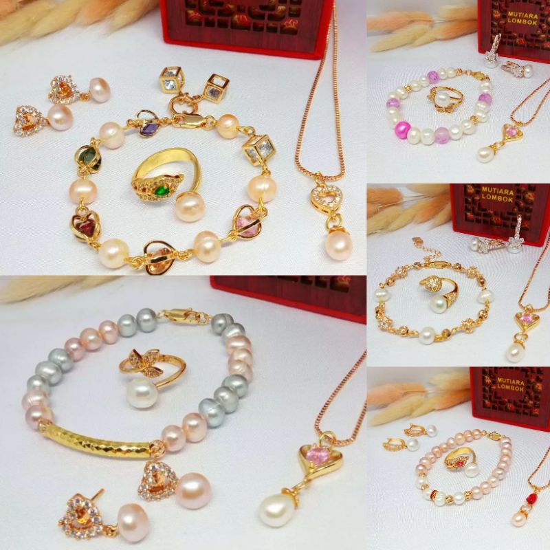 Perhiasan mutiara lombok|Set mutiara asli lombok|Set mutiara asli bersertifikat|Set lapis emas mutia