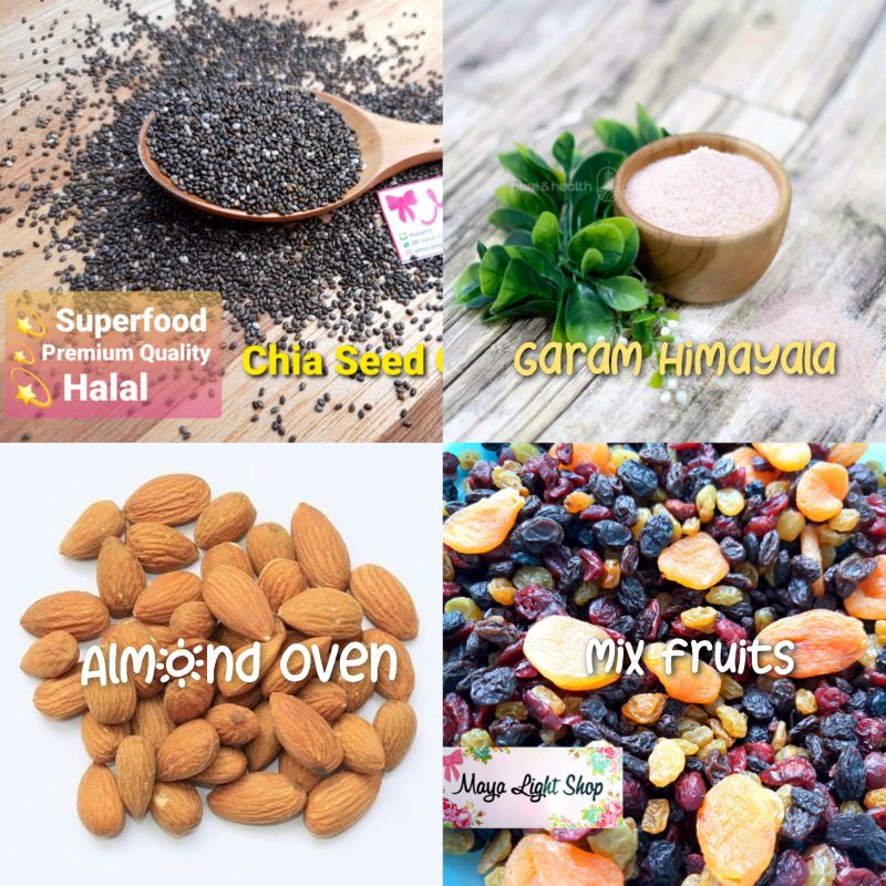 superfood chia seed garam himalaya kacang badam roasted almond dried fruits vegan food cemilan diet sehat keto menu sehat