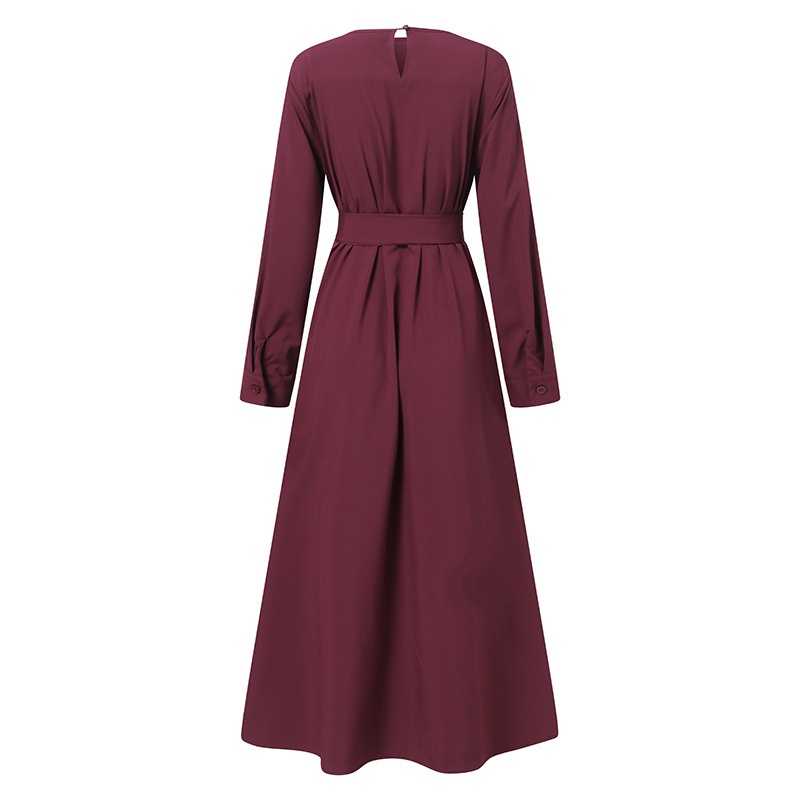 ZANZEA Women Fashion Casual Solid Color Long Sleeve O Neck Retro Muslim With Belt Maxi Dress