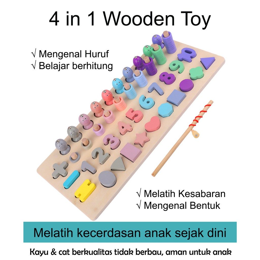 5 In 1 Mainan Kayu Edukasi Anak Puzzle Wooden Toy Toys Hadiah Kado Mancing Fishing