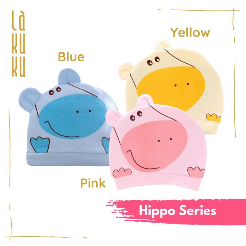 Topi Kupluk Anak Bayi Newborn 0-6 bulan soft Cotton, Nyaman dan Lucu-Hippo series