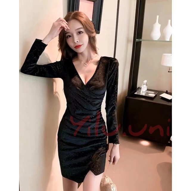 MD19/199 Velvet mini dress lengan panjang v neck blink blink / korean sexy bodycon dress / dress pesta / dress malam