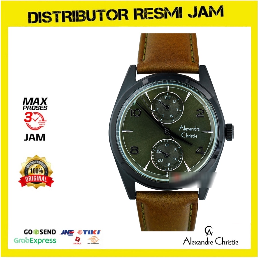Jam Tangan pria Alexandre Christie AC6579MF AC 6579 MF AC6579 MF AC 6579MF Black Body Green Army Lea
