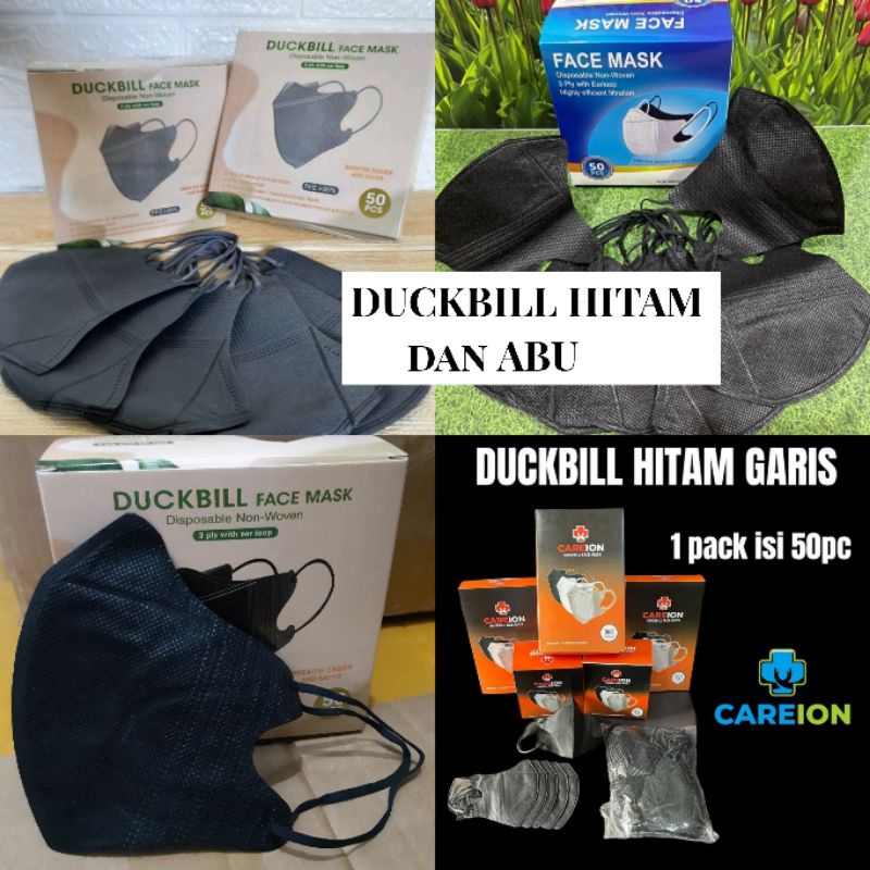 Masker duckbill garis hitam dan abu isi 50 pcs