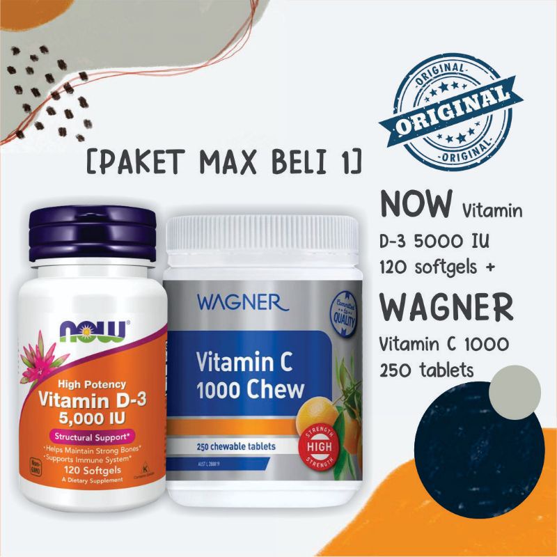 [MAX BELI 1] PAKET NOW Vitamin D-3 5000 IU 5000iu 120caps + WAGNER Vitamin C 1000 250 caps