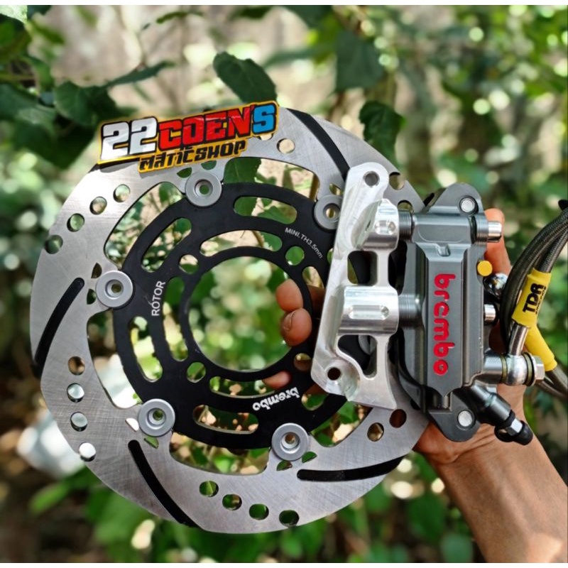 kaliper monoblok Brembo 4p disc brembo rotor 220mm selang rem swits beat scoopy vario mio pb kerucut