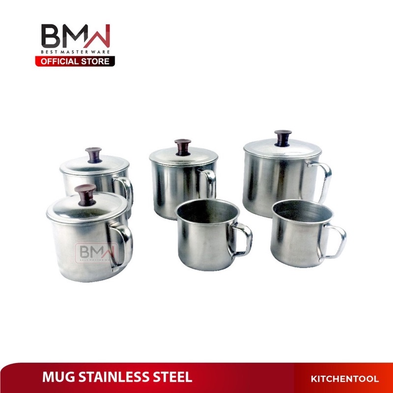 INDOLINE - MUG STAINLESS STEEL DENGAN TUTUP - GELAS CANGKIR KOPI TEH 10CM DAN 12CM