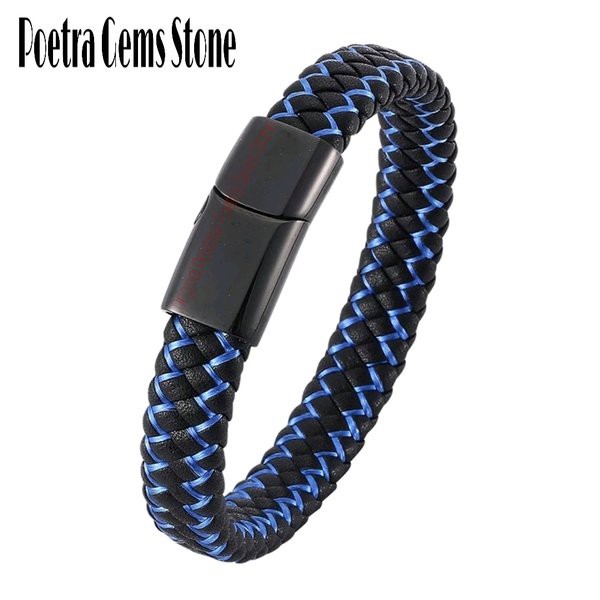 GELANG KULIT PRIA COWOK STAINLESS STELL BLACK BLUE MAGNETIC LEATHER PREMIUM