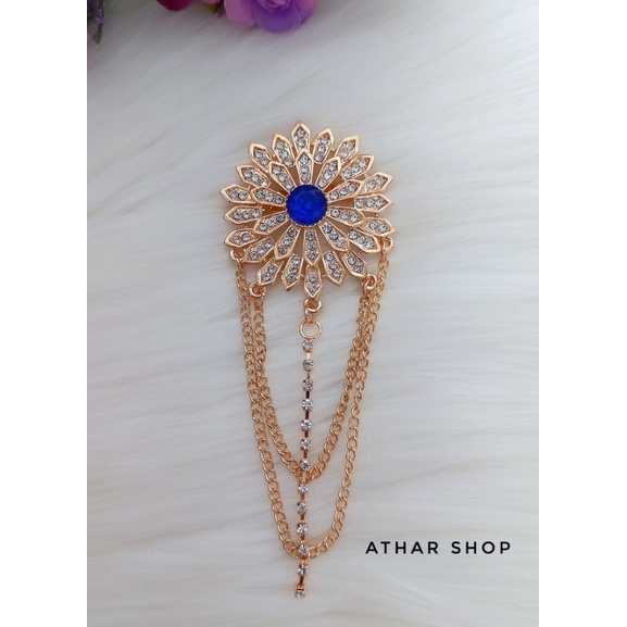 bros bunga rantai juntai bross kebaya/bros jas/brooch hijab import premium/ bros jilbab murah-Gold biru
