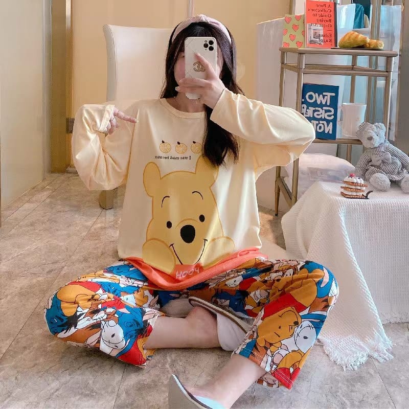 COMFIT STORE PJ3 PP Setelan Piyama Wanita Jumbo Tangan Panjang Celana oversize Baju Tidur Dewasa Import Korea-WINNIE JERUK
