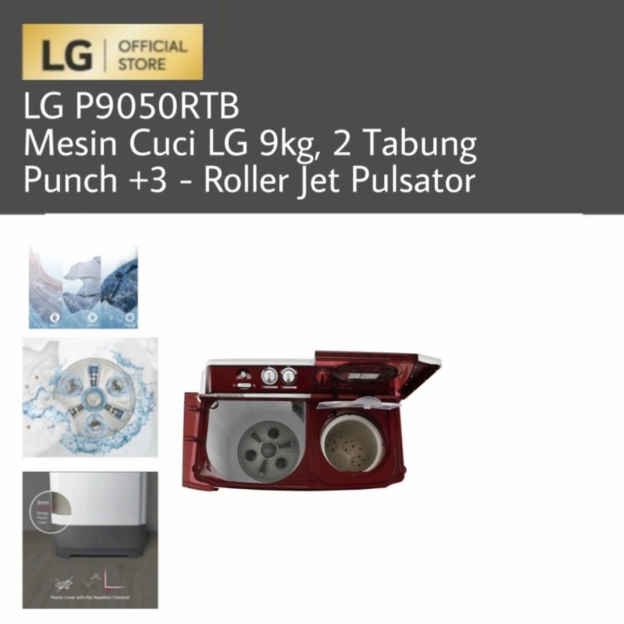 LG P9050RTB / P9050R / P9050 Mesin Cuci LG 9kg, 2 Tabung Punch +3 - Roller Jet Pulsator