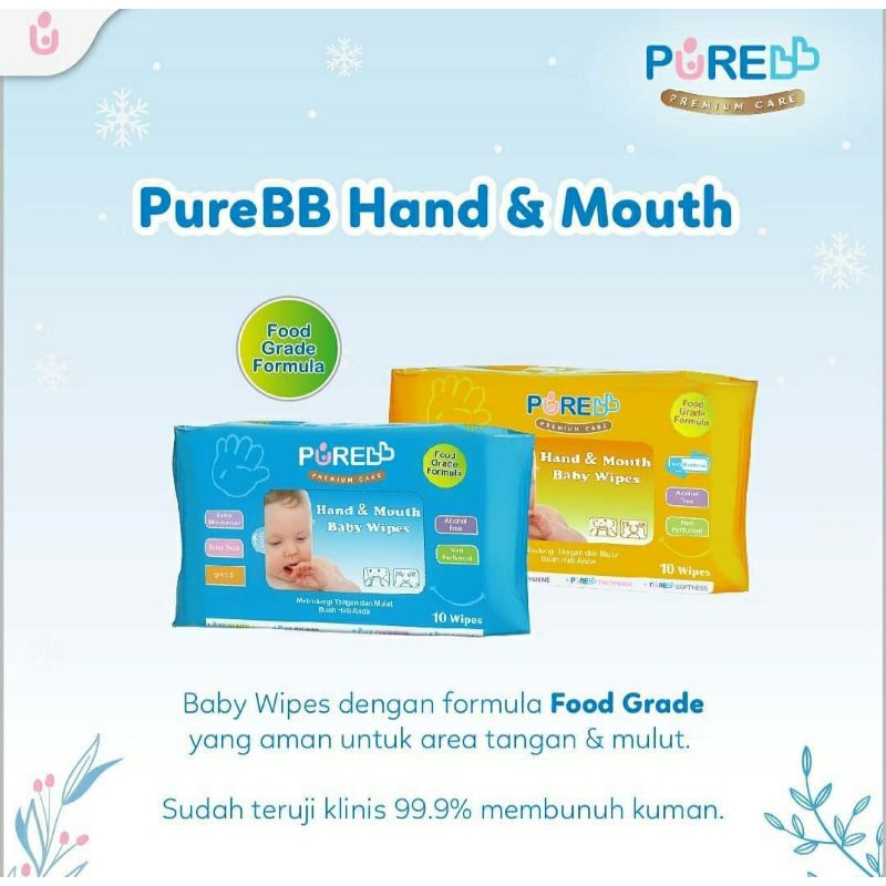 PURE BABY Hand &amp; Mouth Anti Bacterial Baby Wipes 10s Tissue Basah