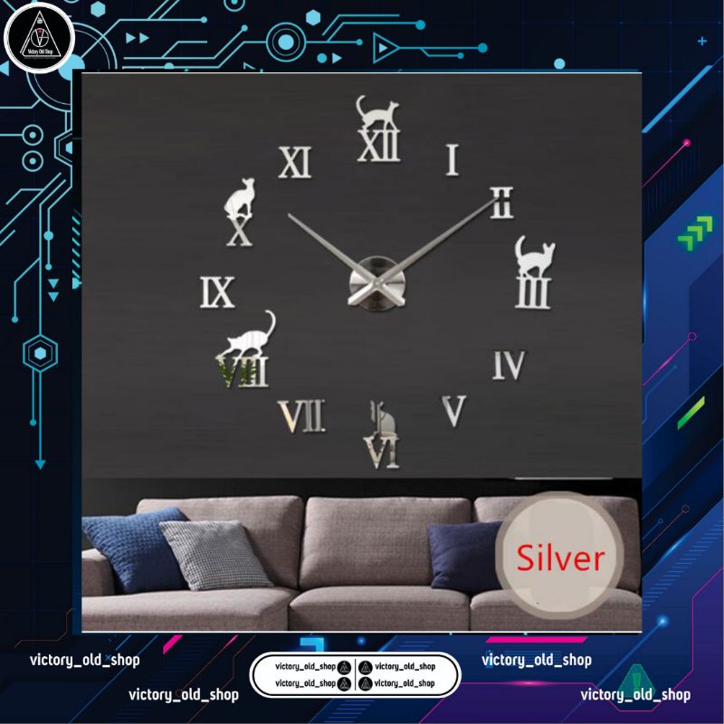 Jam Dinding Besar DIY Giant Wall Clock Quartz Creative Design Model Kucing Lucu JM 12 Silver