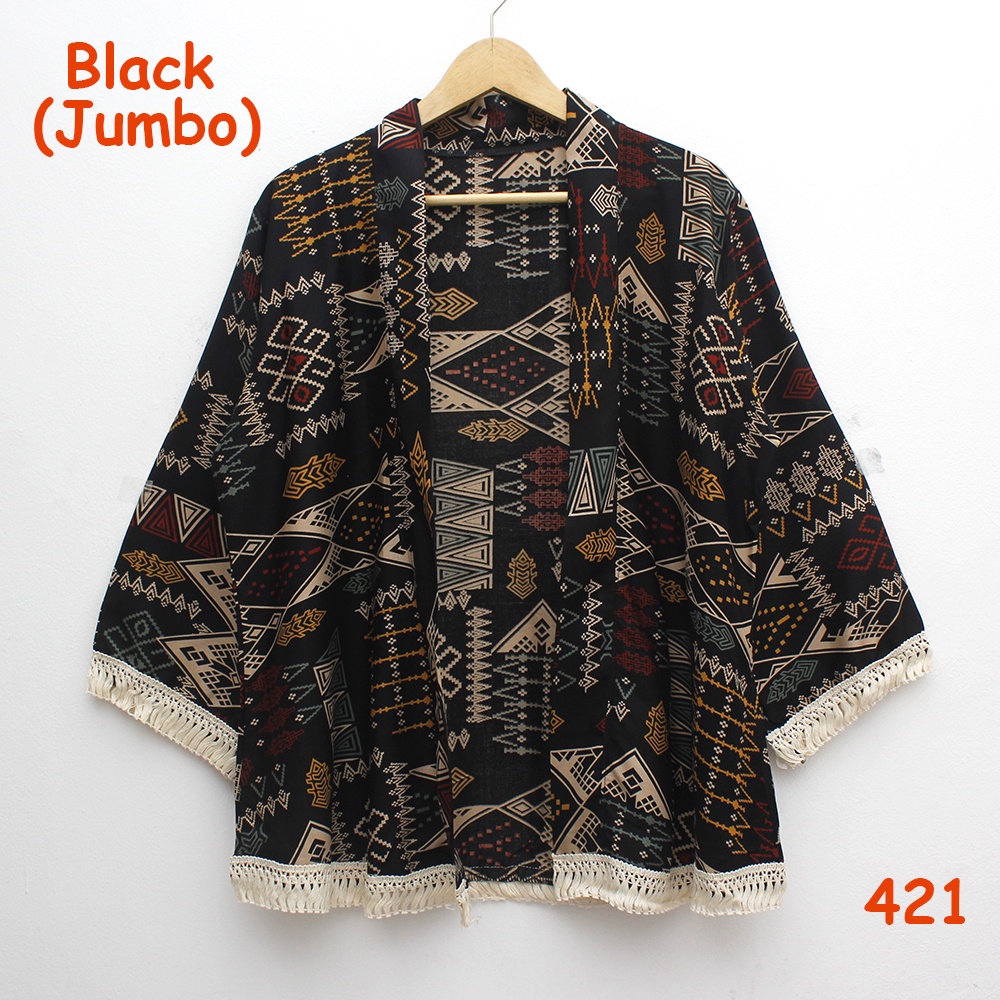 𝑱𝒂𝒌𝒂𝒓𝒕𝒂𝑭𝒂𝒔𝒉𝒊𝒐𝒏 cardigan outer batik tribal katun adem rumbai sisir keliling bohemian etnik boho styleO-421 Black (JUMBO)