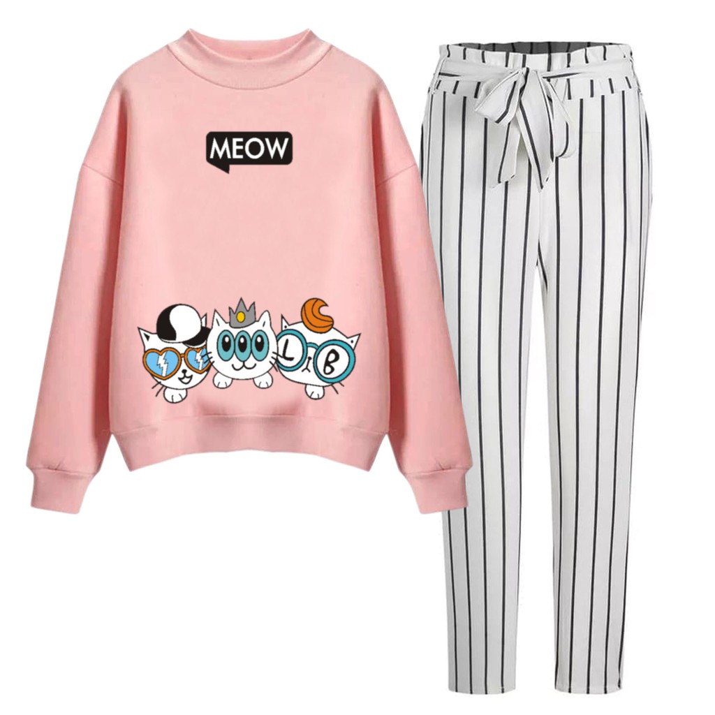 BESS - Baju Setelan Wanita Murah / Setelan Sweater + Celana Salur - MEOW