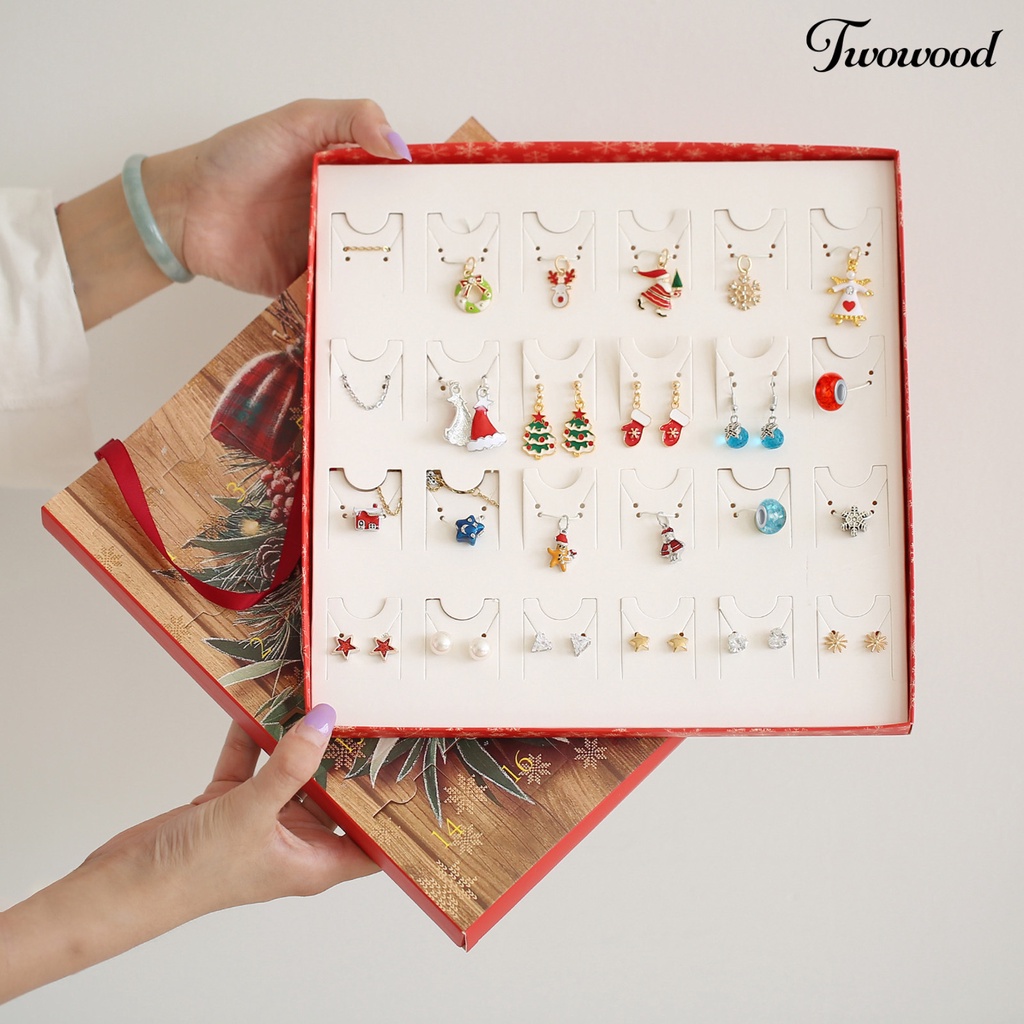 Twowood 1 Set Jewelry Advent Calendar Christmas Tree Elk Pendant Decoration Girls Christmas Element All Match Necklace Earrings Ear Studs for Party