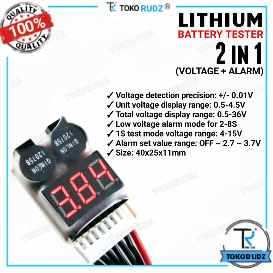 1-8S Lipo Battery Tester Low Volt Buzzer Alarm Baterai Li-Po Volt 18S