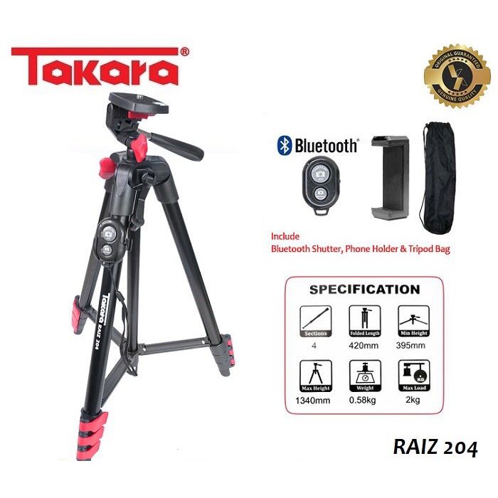 Tripod TAKARA RAIZ 204 Tripod Kamera HP Smartphone Tinggi 135cm Free Bag Pouch Holder HP Bluetooth S