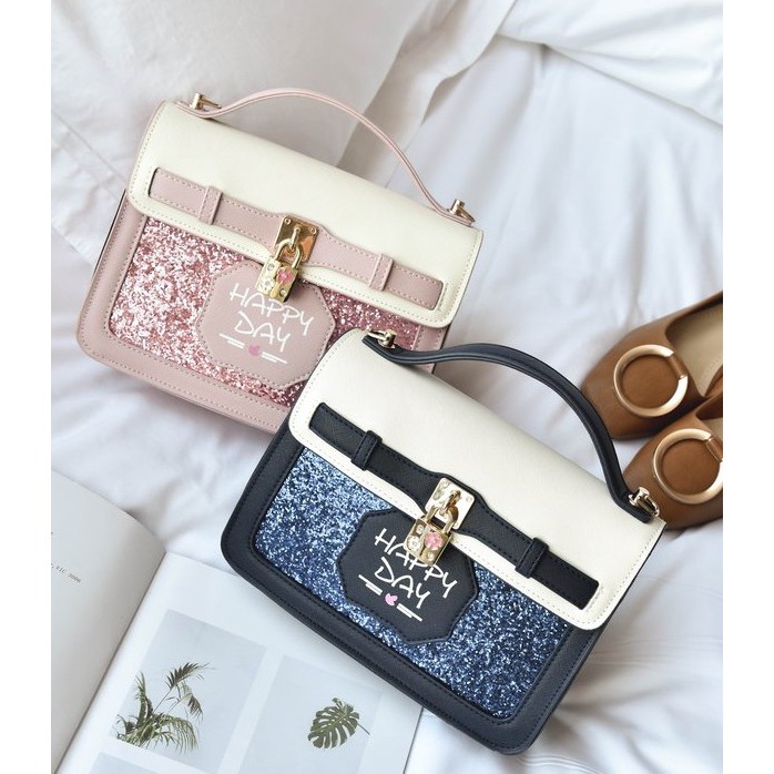 I21390 TAS FASHION WANITA REMAJA SLINGBAG HAPPY DAY GLITTER IMPORT BAG CUTE KOREA YOUTH PARTY CLUCTH