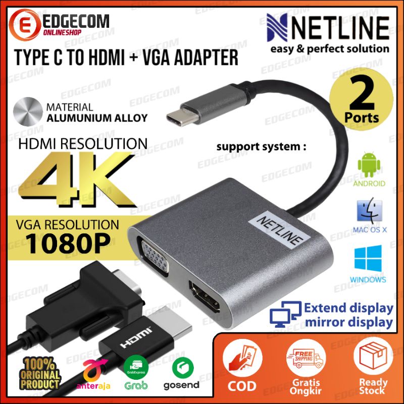 USB 3.1 TYPE C TO VGA &amp; HDMI 4K ADAPTER 2 IN 1 NETLINE