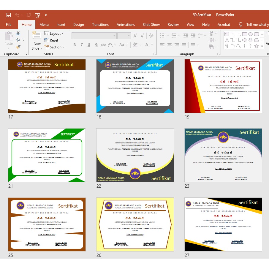 50 TEMPLATE DESIGN SERTIFIKAT / PIAGAM  FORMAT POWER POINT - SIAP EDIT - KEREN