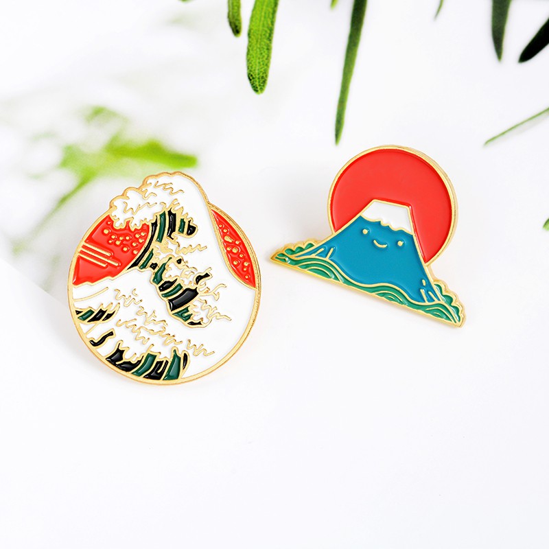 Bros Pin Enamel Desain Kartun Sun Mount Fuji Ombak Laut Untuk Hadiah Teman