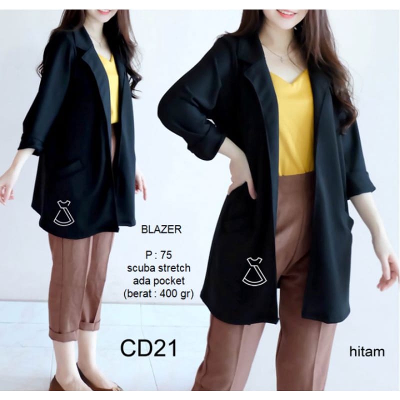 Blazer Kasual Lengan Panjang Model Longgar Warna Solid Gaya Korea Bahan Scubba