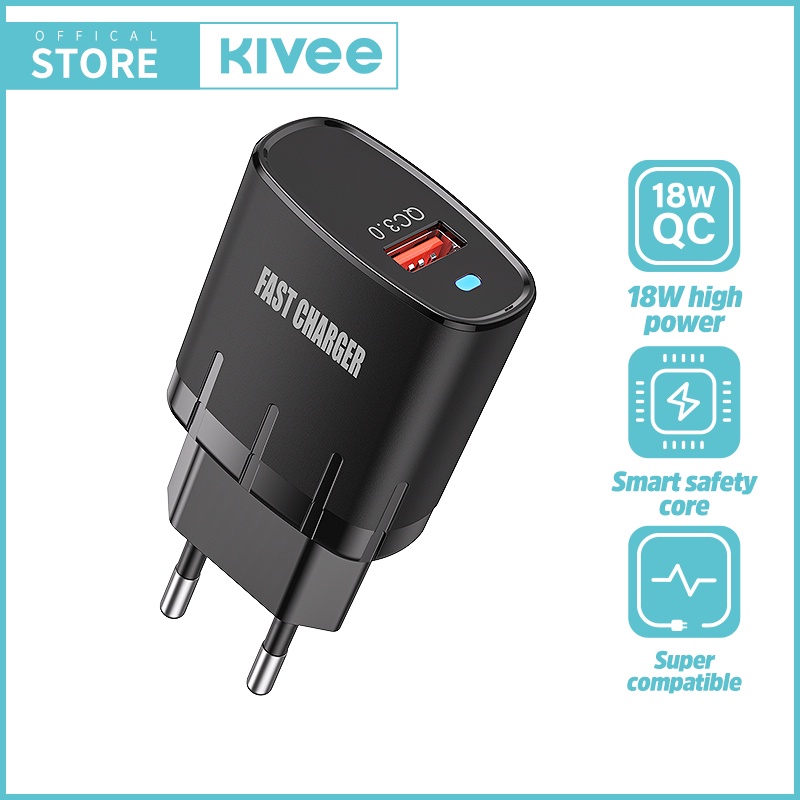KIVEE charger oppo fast charging Quick 3.0 original Wall Charger 18w samsung xiaomi Garansi 1 tahun-KV-AE88 hitam18w