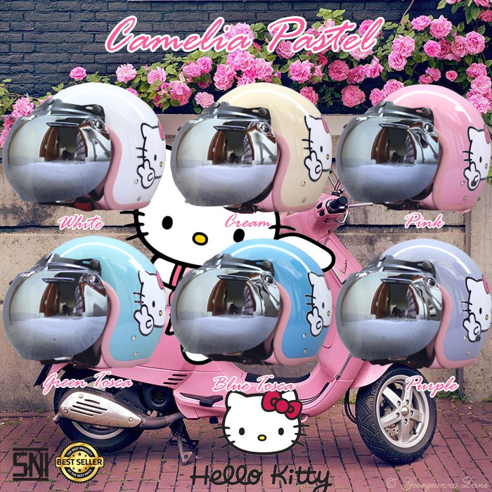 HELM BOGO CAMELIA PASTEL HELLO KITTY DEWASA KACA CEMBUNG CEMBUNG SILVER
