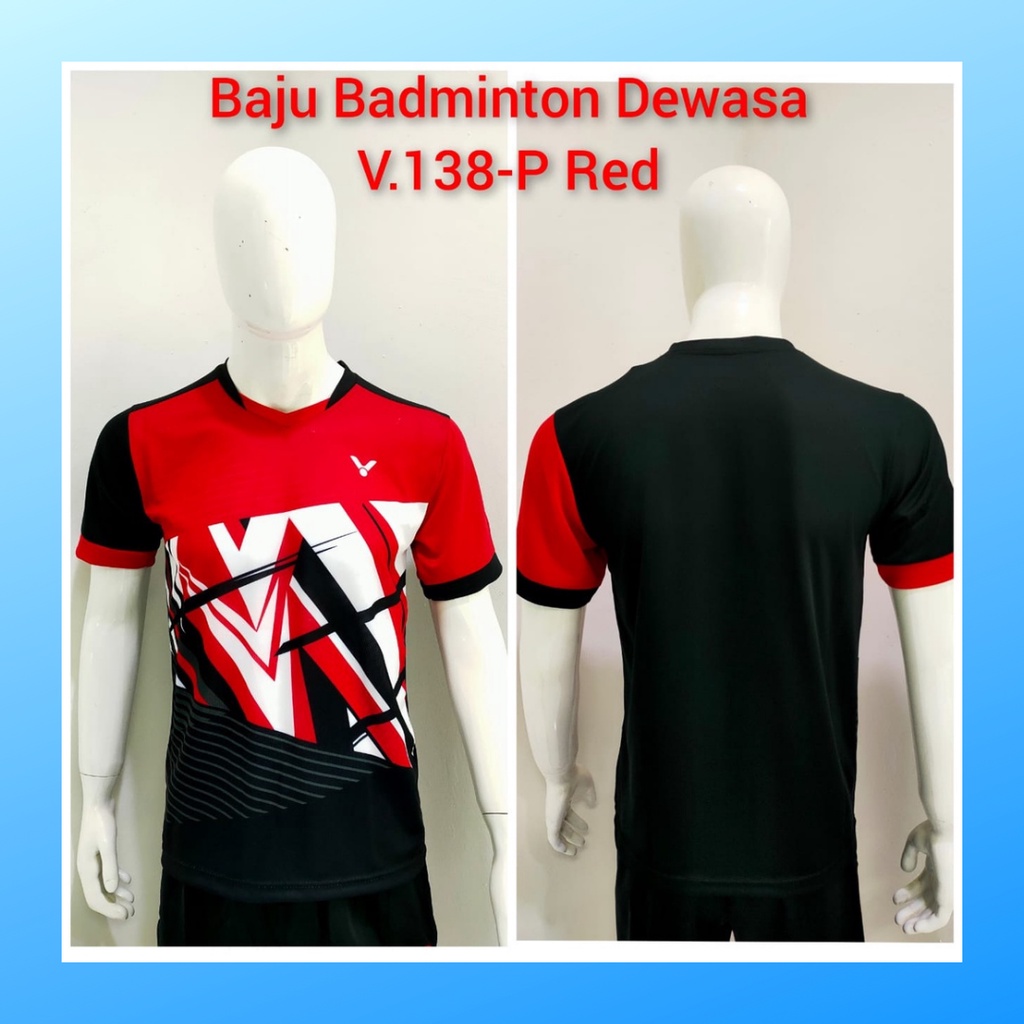 Kaos bulutangkis pria baju badminton atasan jersy wanita dewasa t-shirt outfit seragam kostum jersey olahraga casual suit pakaian jarsey oblong apparel sports jersi sudirman thomas uber cup bulu tangkis V138 merah polos