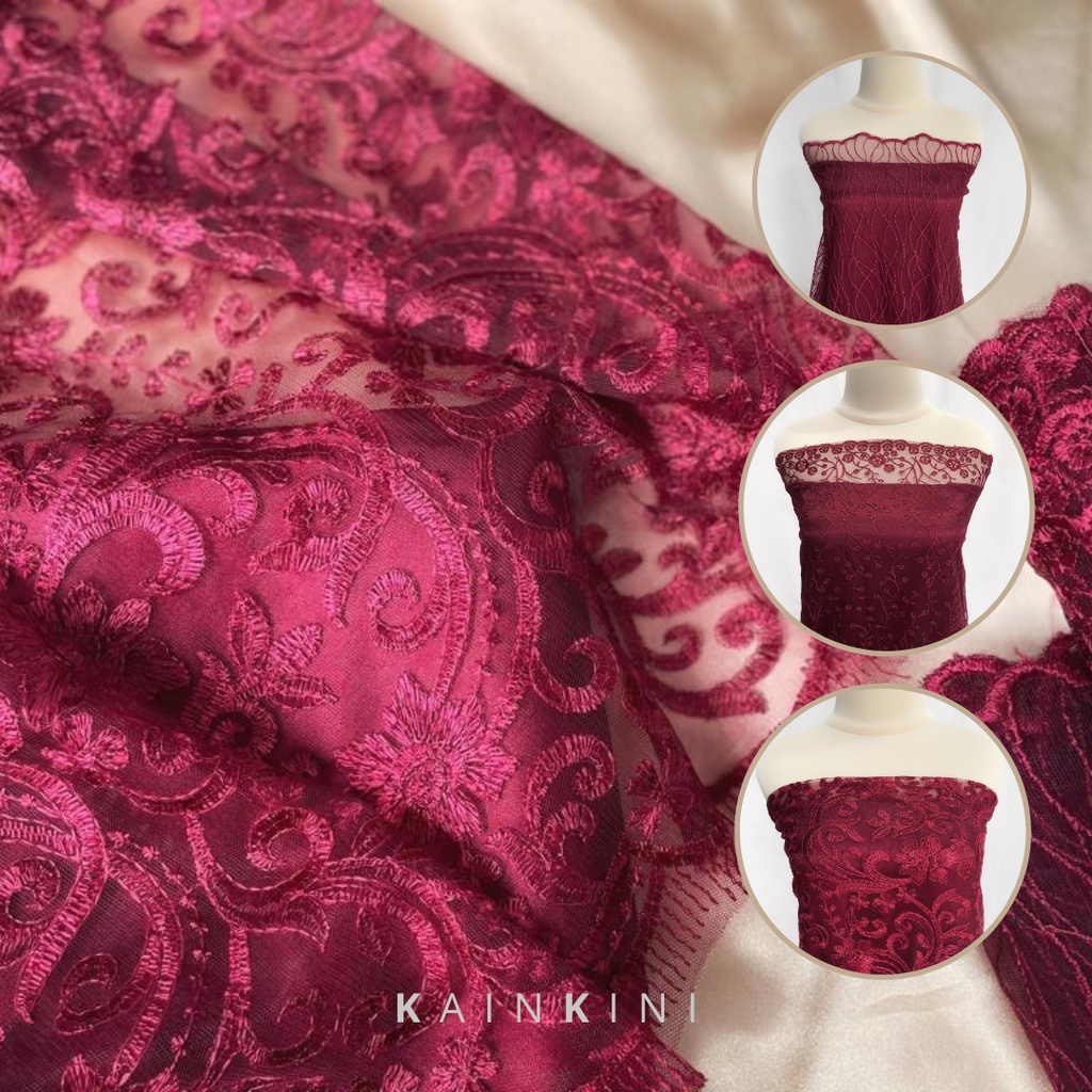 Kain Brokat Bahan Kebaya / Tile Brukat Prancis (½ meter) by Kainkini - Merah Maroon Scarlet Red Moti