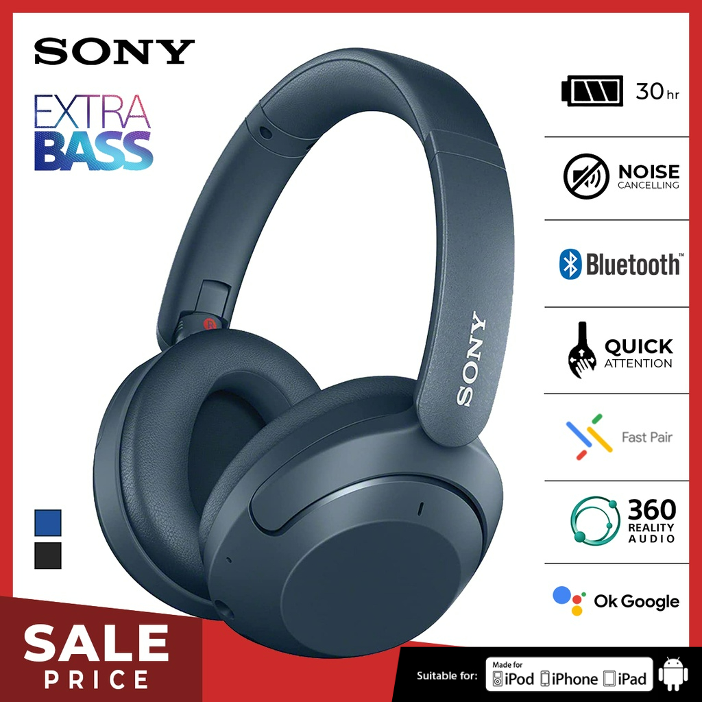 Headset Sony WH-XB910N  Wireless Headphone Noise Cancelling Battery up to 30h With Microphone For Android &amp; IOS - Blue