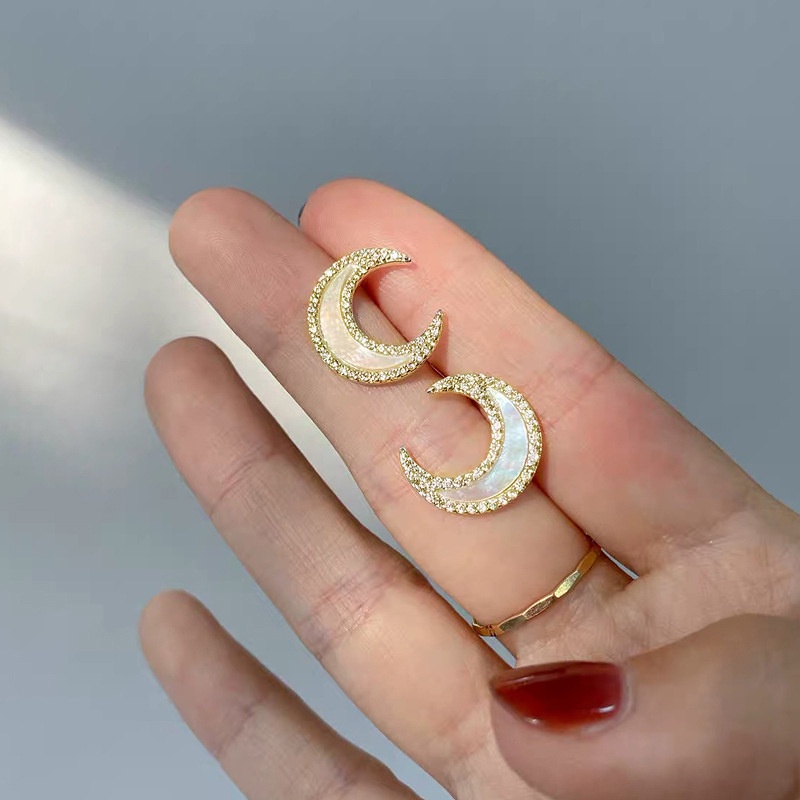 S Perak needle putih cahaya bulan Bulan micro inlay rhinestones stud anting-anting baru mengkilap al