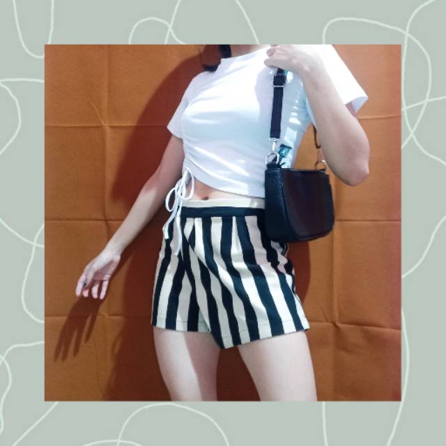 Black & Cream Stripe Skort | Celana Rok Wanita Garis Warna Hitam Krem Scuba Premium