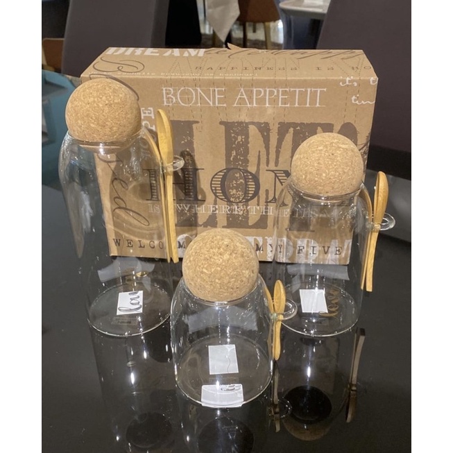 TOPLES SET INFORMA - BOTOL KACA TUTUP BOLA KAYU DENGAN SENDOK KAYU
