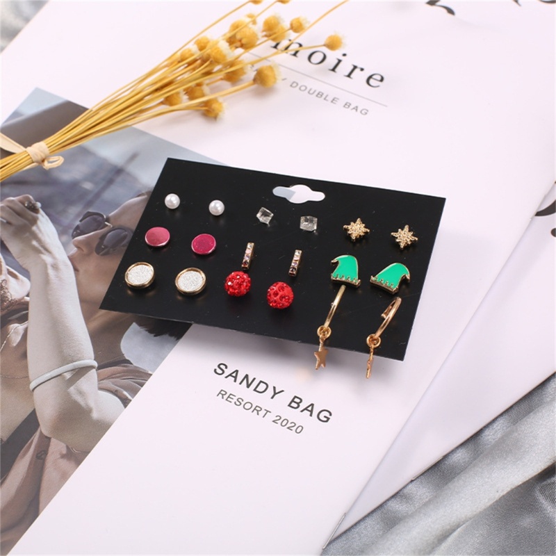 9 Pasang Anting Stud Desain Natal Bahan Alloy Untuk Wanita