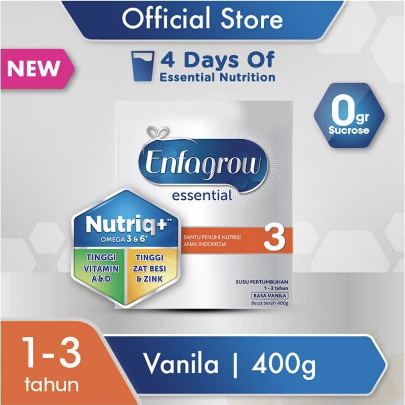 Enfagrow Essential 3+ New Susu Vanila Box 400gr / Rasa Vanila Madu/ Omega 3 dan 6 Pertumbuhan Balita