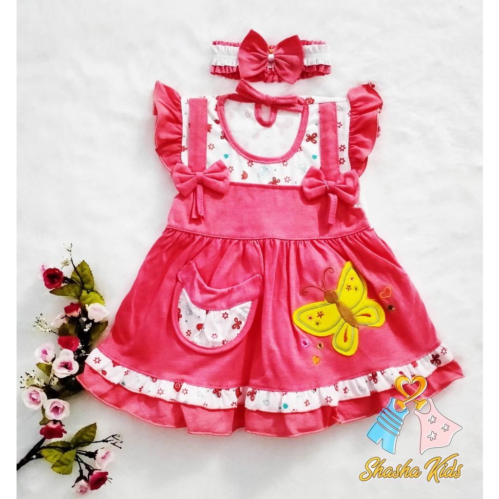 [S-018] Baju Bayi Perempuan /Dress Bayi Perempuan Planet Kids motif kupu -kupu  cantik Murah 0-6 bln Bonus BANDANA &amp; Celana dalam Bayi