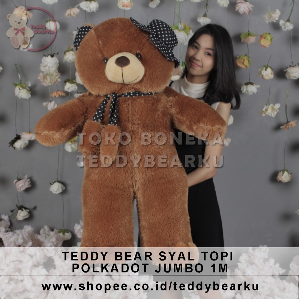 TERMURAH! BONEKA BERUANG TEDDY BEAR TOPI SYAL POLKADOT JUMBO 1 METER LUCU SUPER BESAR