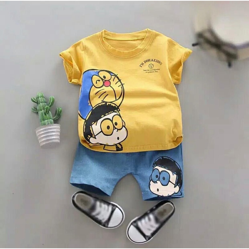 Promo setela anak laki laki perempuan terbaru 2022 motif doraemon 1-5 tahun/baju anak/pakaian anak/setelan anak