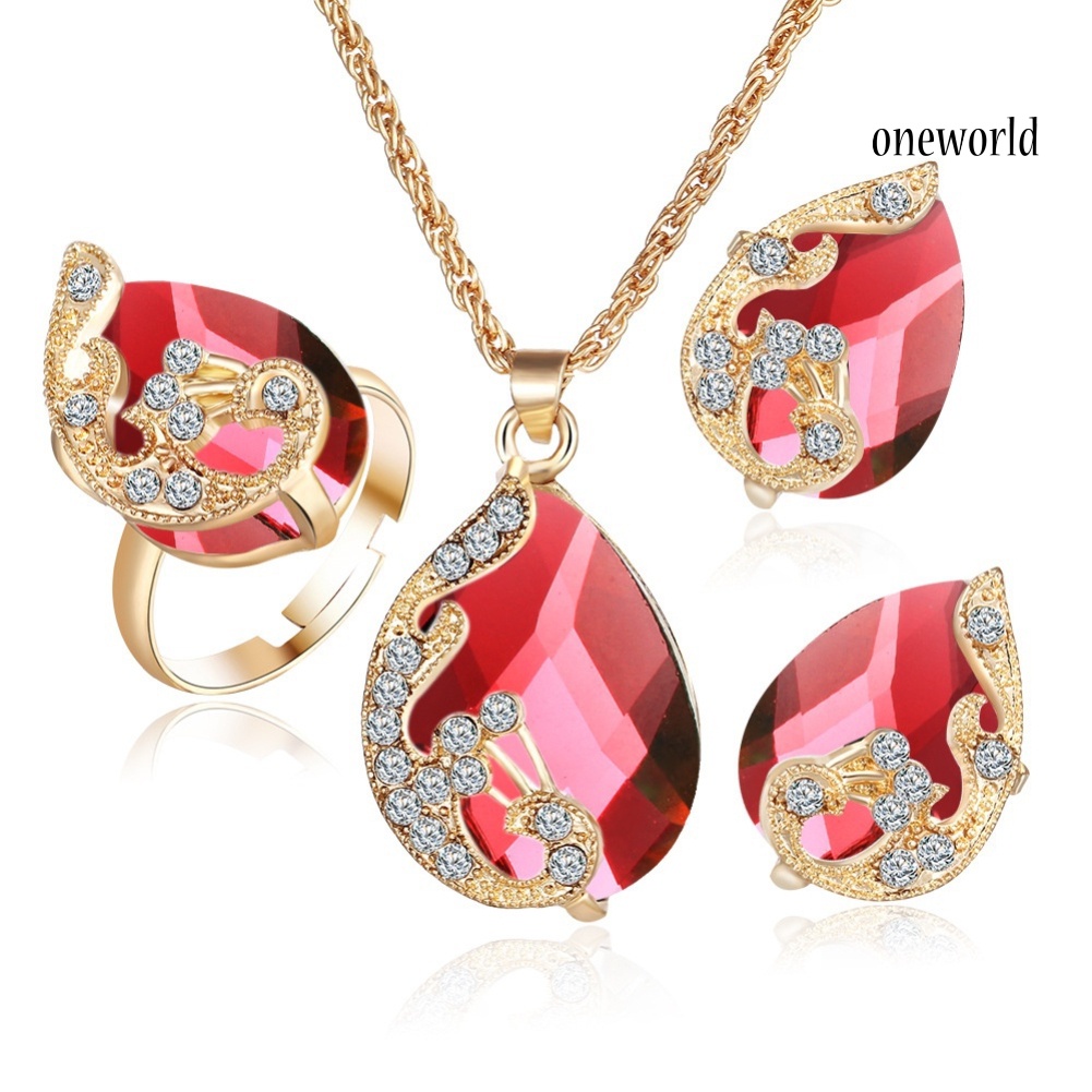 OW@ Women Jewelry Set Shiny Water-Drop Shape Rhinestone Necklace Earrings Ring Gift