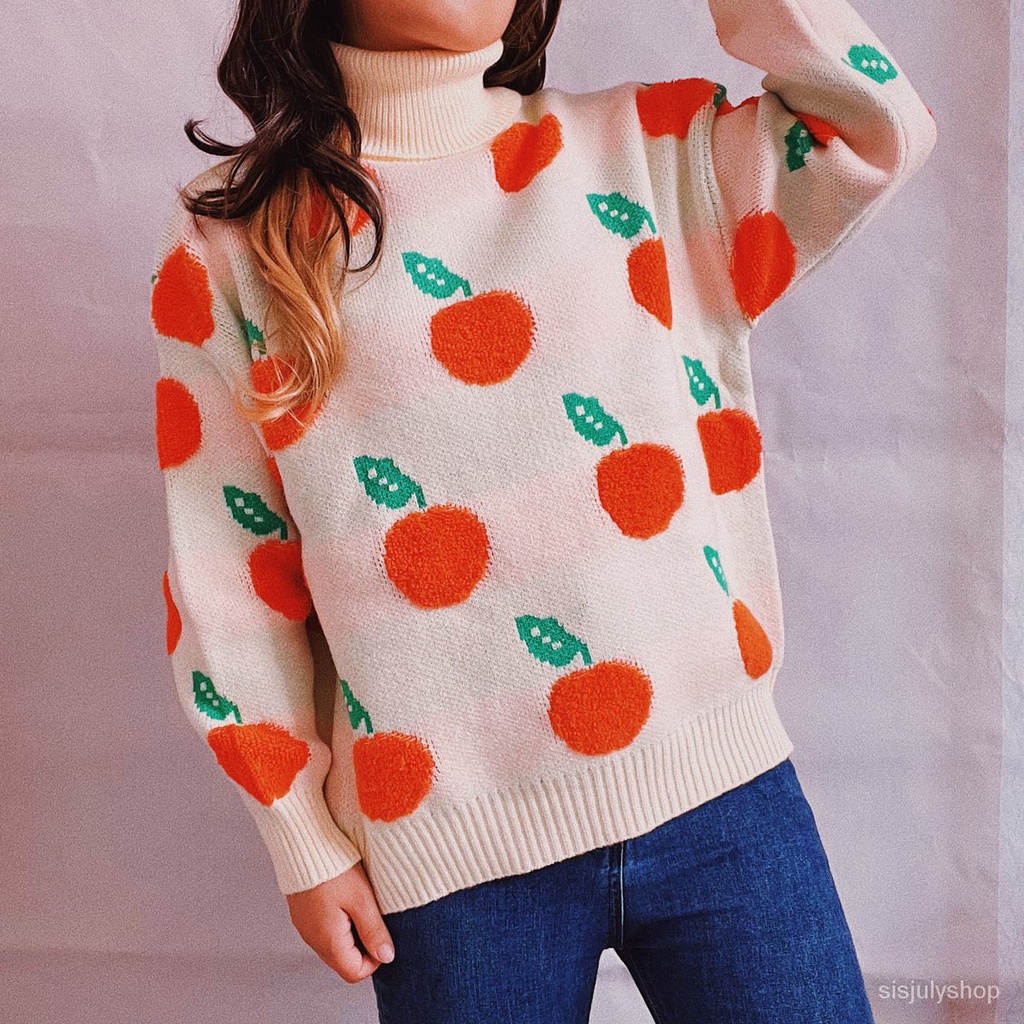 #Sisjuly# Wanita Baru Kasual Tinggi Leher Lengan Panjang Tebal Longgar Orange Berkelompok Sweater Pu