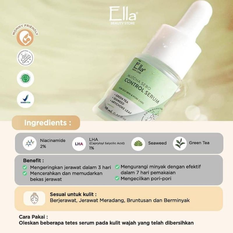 serum matcha sebo ella skincare / serum jerawat ella