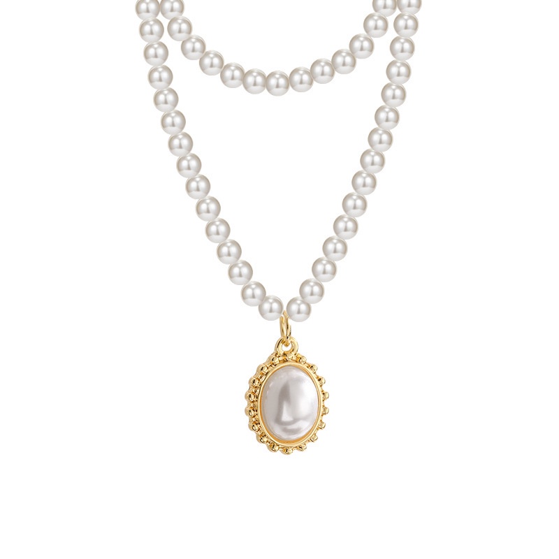 Kalung Rantai Klavikula Hias Liontin Mutiara Lapisan Ganda Gaya Retro