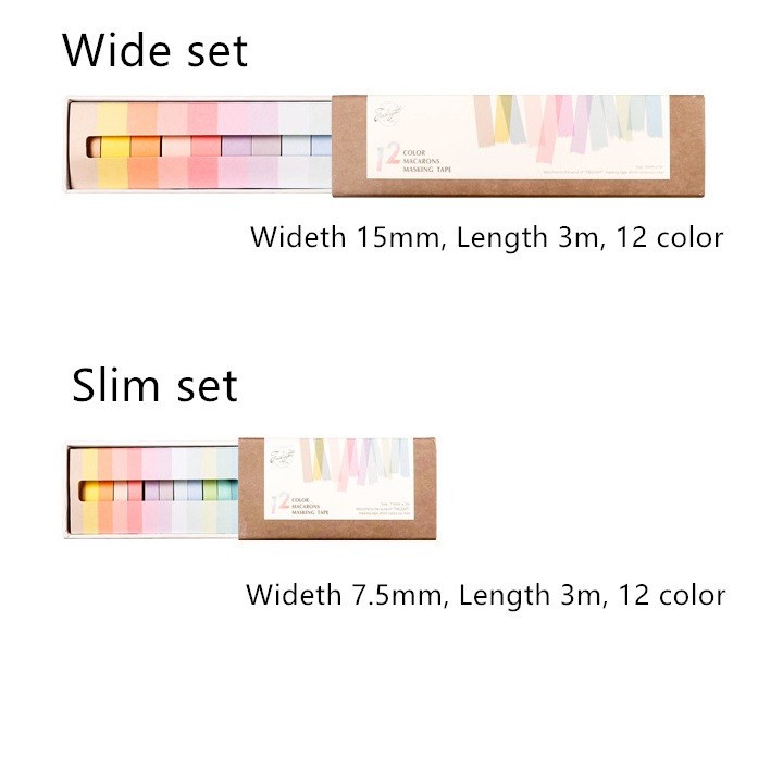 12 Color Macarons Masking Tape Set 7.5mm Slim 15mm Wide Decoration Washi Tapes